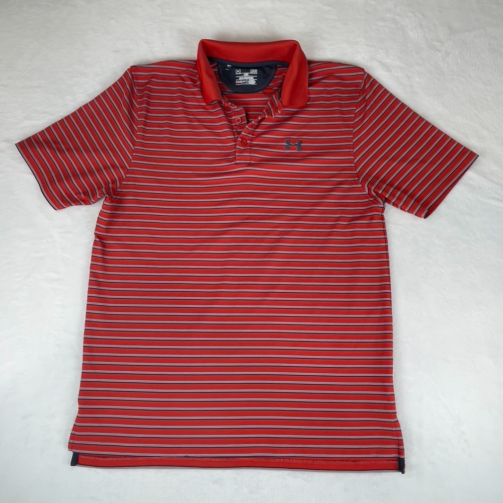 Under Armour Polo Shirt Men Large Red Striped Heatgear Logo High Low Performance
